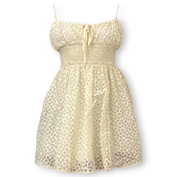 Urban Outfitters Large Riley Babydoll Mini Dress Sheer Ivory Floral Summer Girly - Picture 1 of 14